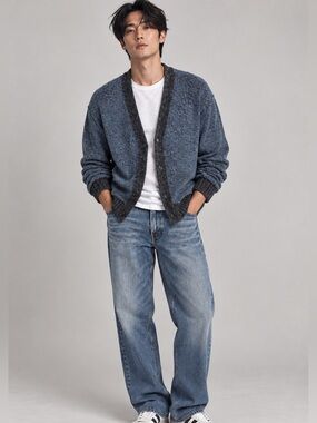 COS Men’s Grandpa Wool Blend Blue and Gray Open Cardigan with Dark Trim Sz XXL